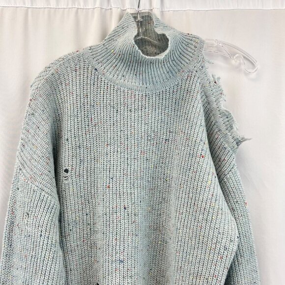 Zenana Women’s Distressed Mock Neck Knit Sweater Blue/Multi Size XS - Picture 2 of 8